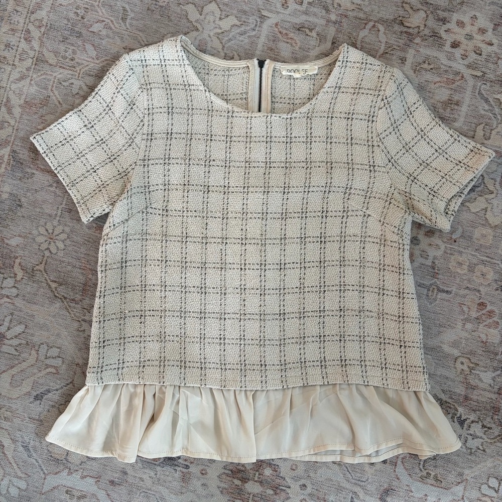 Roolee Plaid Ruffle Hem Top - Cream & Black